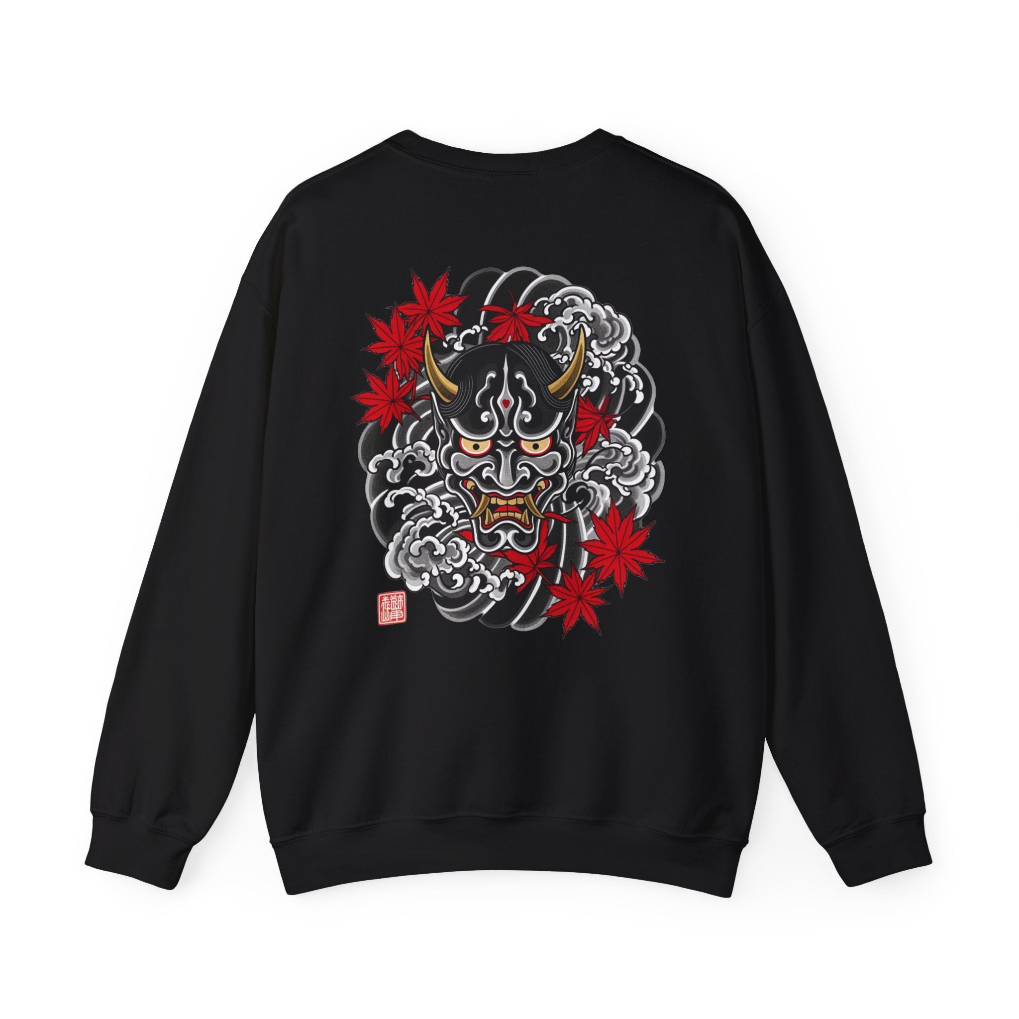 Hannya Demon Crewneck Sweatshirt — Japanese Mask & Maple Leaf Graphic